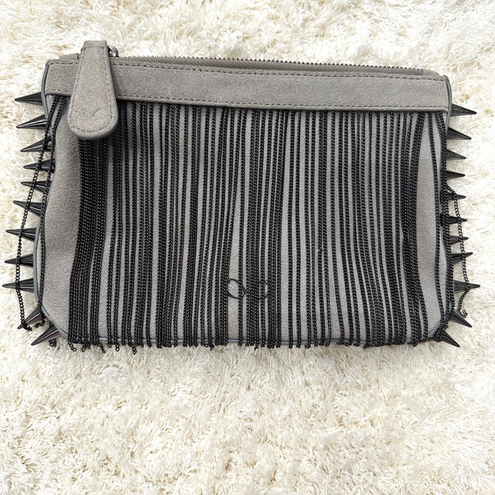 Monika Chiang Grey Suede Studded Clutch with Metal Fringe